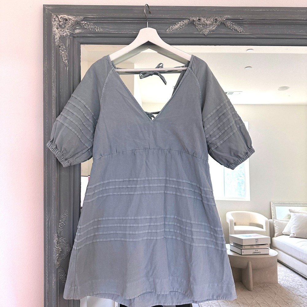 7 For All Mankind Chambray Puff Sleeve Babydoll Sundress Milkmaid Cottagecore L - Picture 4 of 10